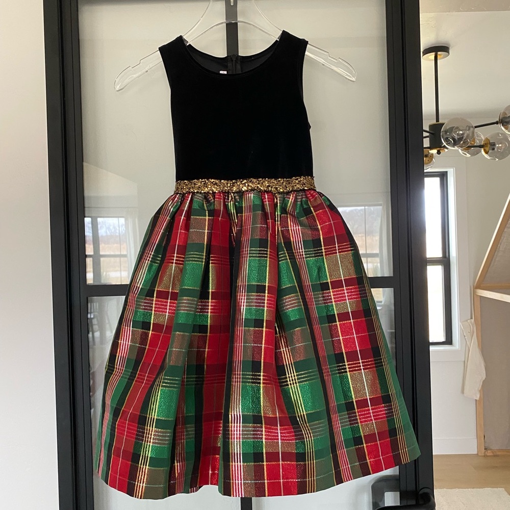 Vintage Bonnie Jean Girls Red Green Plaid Velvet Bow Christmas Holiday Dress 6X